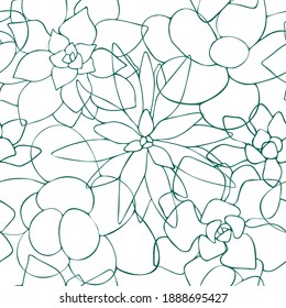 Seamless pattern of one line drawn succulents. Floral background endless. Vector illustration