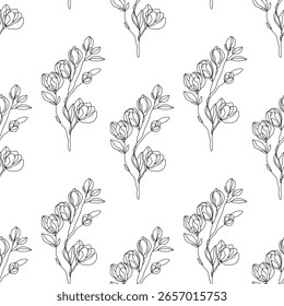 Seamless pattern with one line floral branches. Hand-drawn magnolia flowers in minimal outline style on a white background.