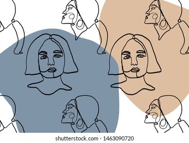Seamless pattern one line girl portrait. Continuous line drawing face. Abstract composition in trendy style