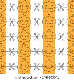 Seamless pattern with one line Halloween elements: pumpkin, bones isolated on vertical orange stripes.