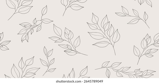 Seamless pattern with one line leaves. Vector floral background in trendy minimalistic linear style.
