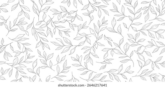 Seamless pattern with one line leaves. Vector floral background in trendy minimalistic linear style.