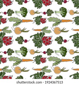 Seamless  pattern with one line of vegetables. Radishes, beets, onions, carrots, and broccoli. An illustration of healthy, vegetarian food. Vegetables background.