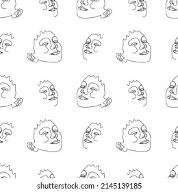 Seamless pattern with one single line drawings of female face. Black line on white background.