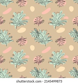 Seamless pattern with one single line drawings of monstera leaves and abstract shapes. Black line on brown background.