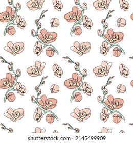 Seamless pattern with one single line drawings of orchid flowers. Black line on white background.