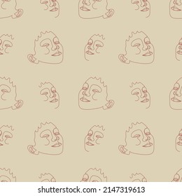 Seamless pattern with one single line drawings of female face. Brown line on beige background.