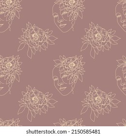 Seamless pattern with one single line drawings of female face and peony flowers. Beige line on brown background