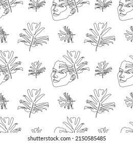 Seamless pattern with one single line drawings of female face and monstera leaf. Black line on white background