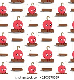 seamless pattern of one very sad cherry sits on a bench