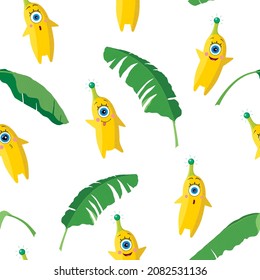 Seamless pattern. One-eyed banana characters and tropical leaves on a white background. A set of different emotions. Vector illustration in a flat style. For textiles, prints, covers, wrapping paper