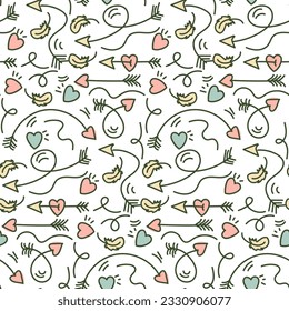 Seamless pattern with a one-line pattern of love arrows. Lots of cupid's hearts and arrows. Pastel color palette. Vector decoration for wedding and Valentine's day. Printing on textiles, paper