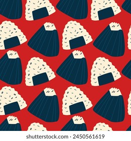 Seamless pattern with onigiri. Japanese rice balls. Asian food. Background for wallpaper, wrapping, textile.