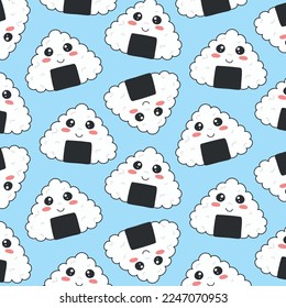 Seamless pattern with onigiri in kawaii style. Sushi in kawaii style. Cute cartoon onigiri with a face. Vector illustration.