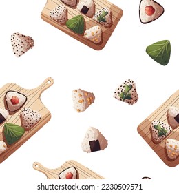 Patrón impecable con Onigiri en el tablero. Comida japonesa, comida saludable, cocina, menú, concepto de nutrición. Ilustración vectorial.