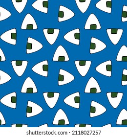 Seamless pattern with onigiri on bright blue background. Vector image.