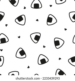Seamless pattern with onigiri rice balls and black hearts