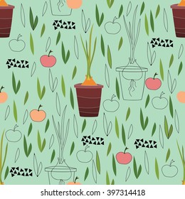 Seamless pattern with onion, apples and leaves.