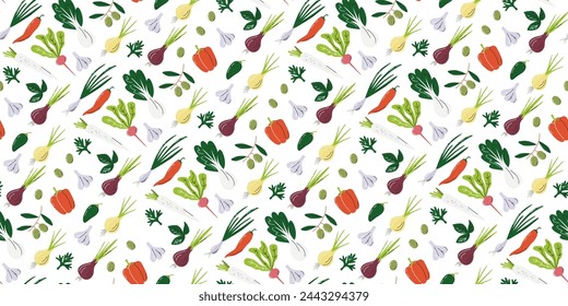 Seamless pattern with onion bok choy, radish and garlic. Organic vegetable print design isolated on white. Local farmer's market product background. Spice veggies hand drawn flat vector illustration