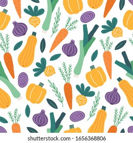 Patrón sin soldadura con cebolla, zanahoria, hojas, remolacha, calabaza, rábano, pimienta, puerro sobre fondo blanco. Perfecto para el restaurante vegetariano, vegetariano, menú, diseño de comida saludable, papel pintado, textil