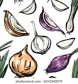 Padrão sem emenda de cebola, alho, verde, inteiro e fatias. Mão desenhada. Vetor, isolado com textura. Rabiscar, estilo marcador. 