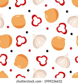 Seamless pattern with onion and garlic head and red pepper slices, vector illustration of healthy vegetables, seasoning for dishes