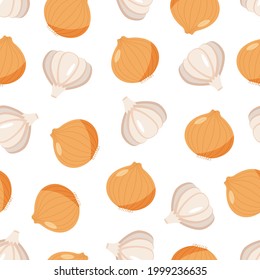 Seamless pattern with onion and garlic head, vector illustration of healthy vegetables, seasoning for dishes