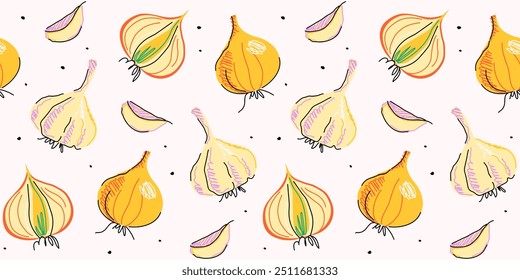 Patrón sin fisuras de cebolla y ajo sobre fondo claro, conjunto de verduras, dibujo, ilustración dibujada a mano