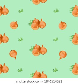Seamless pattern of onion heads with green leaves. Vector illustration isolated on a blue background. Texture for fabrics, textiles, menus, packaging, website, etc.