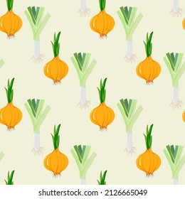 Seamless pattern with onion and leek. Vegetable vector background, kitchen theme design, farming. Cooking, vegetarians, healthy foods, vitamins. Root, stem onion. Food cartoon illustration hand drawn