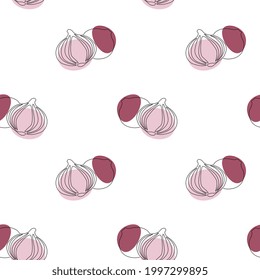 Seamless pattern with onion on white background. Continuous one line drawing onion. Black line art on white background with colorful spots. Vegan concept