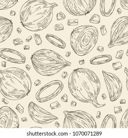 Seamless pattern with onion: rings, full onion and onion slices. Vector hand drawn illustration.