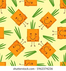 Seamless pattern onion shaped patch pocket. Character pocket onion. Cartoon style. Design element. Template for your shirts, books, stickers, cards, posters.