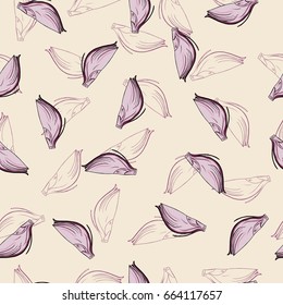 Seamless pattern with onion slices on pastel pink background. Hand drawn vector illustration.
