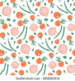 Seamless pattern with onion, tomatoes, asparagus, olives, leaves, radish. Healthy vegetarian food