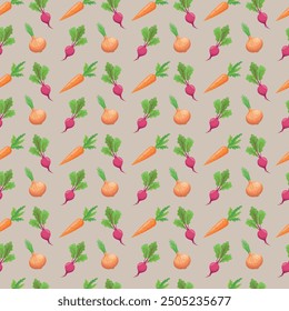 Seamless pattern with onions, carrots and beets. Can be used for tablecloths, kitchen towels. Vector illustration