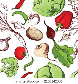 Seamless pattern of onions, garlic, cabbage, turnips, tomatoes,  peppers, beets. Summer background of vegetables for a healthy diet. Color vector illustration with elements of texture graphics.