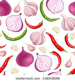 Seamless pattern with onions, garlic, chili peppers on a white background. Vector illustration of ingredients for hot sauces in a flat cartoon style.