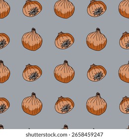Patrón sin fisuras con cebollas sobre fondo gris. Imagen de Vector.