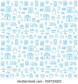 Seamless Pattern With Online Shopping Icons in Thin Line Style. Collection of Line Web Icons of Online Shopping, Ecommerce, Internet Shopping. Vector template for your design.