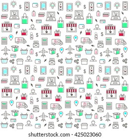 Seamless Pattern With Online Shopping Icons in Thin Line Style. Collection of Line Web Icons of Internet Shopping. Abstract concept for online store. Vector template for your design.