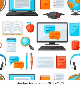Seamless pattern with online studying at home items. Distance education. Modern technologies using computer and internet.