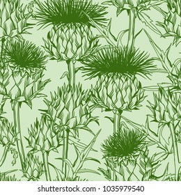 Seamless pattern with onopordum acanthium. Scottish thistle.