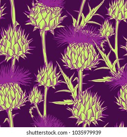 Seamless pattern with onopordum acanthium. Scottish thistle.