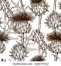 Seamless pattern with onopordum acanthium. Scottish thistle.