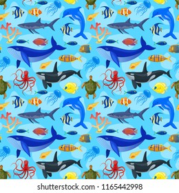 Seamless pattern with oocean animals on blue background.