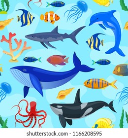 Seamless pattern with oocean animals on blue background.