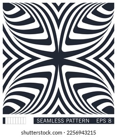 Seamless pattern. Op art striped optical illusion. Hypnotic geometric composition. Vector graphics