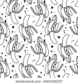 Seamless pattern of open bananas with spots, made in a simple contour style. Bananas are made in a modern design. Texture is suitable, packaging, branding, stationery, paper, digital design