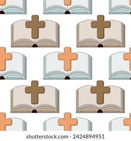 Seamless pattern with Open Book Bible with a cross